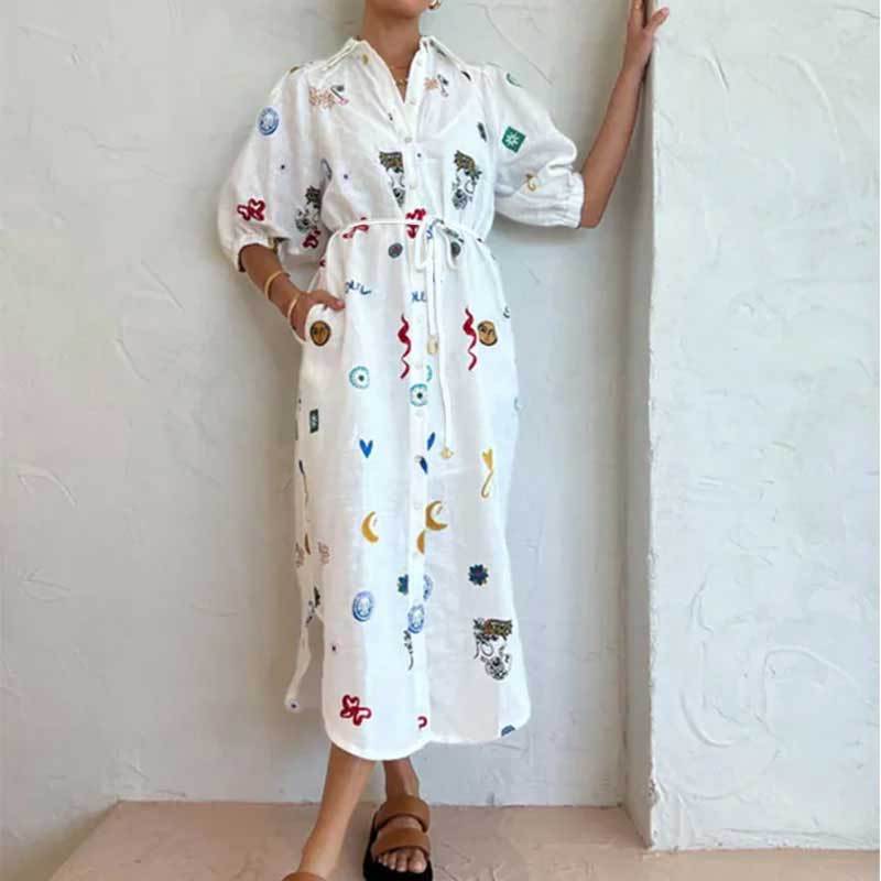 White Printed Lapel Shirt Dress with Tie Spring Collection Womens Fashion Wholesale Available