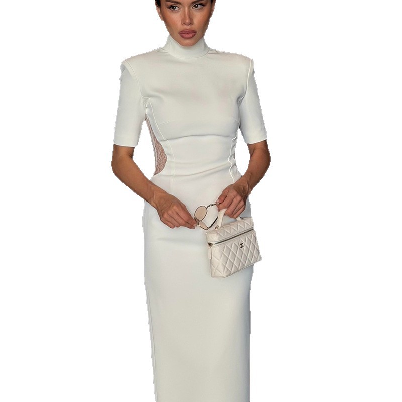 White Lace Trimmed Bodycon Dress Half High Neck Short Sleeve Side Slit Elegant Casual Wear for Women OEM Available