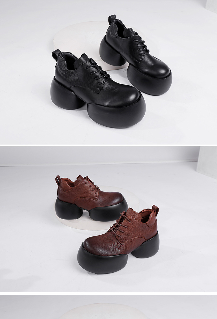 Boot Martin nữ da bò thật cổ ngắn gót thô buộc dây — Màu nâu đậm