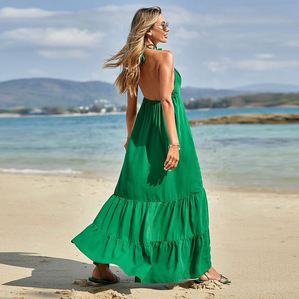 Womens Sexy Backless Maxi Dress Spaghetti Straps Flowy Hem Beachwear Summer Collection Wholesale Available