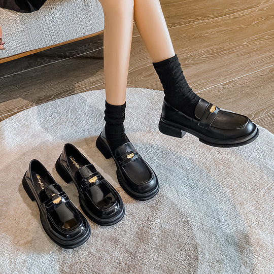 Thick-soled loafers Women's One-Step retro leather shoes British style thick heel soft-soled jk shoes women's large size 41-43