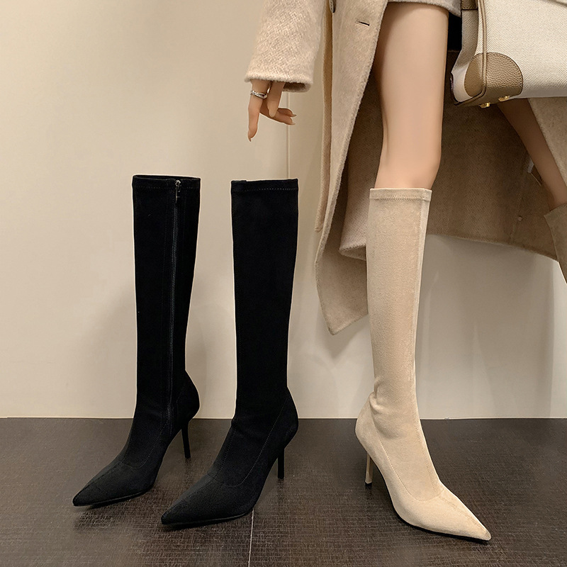 Boot nữ cổ cao qua gối gót nhọn cao 9cm chất liệu da lộn co giãn — Lớp lót đơn kaki ống ngắn, Lớp lót đơn màu đen ống ngắn, Lớp lót nhung đen ngắn, Lớp lót nhung kaki ngắn