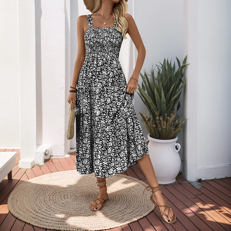 Summer Floral Maxi Dress Sleeveless Elastic Waist Casual Style Perfect for Beach or Outdoor Events Wholesale