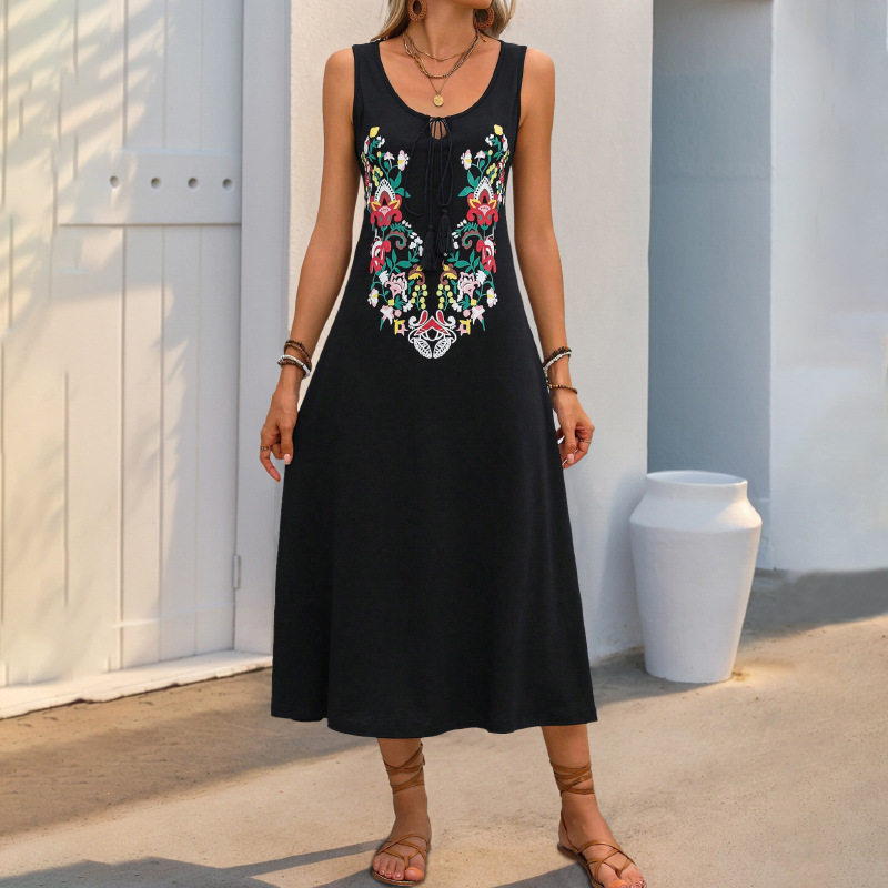 Floral Embroidered Sleeveless Dress Bohemian Style Versatile Design Trendy for Summer Wholesale Available