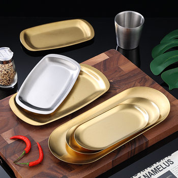 Square Stainless Steel Korean Barbecue Plate Oval Barbecue Plate Commercial Golden Shallow Plate Meat Plate Custom Pattern