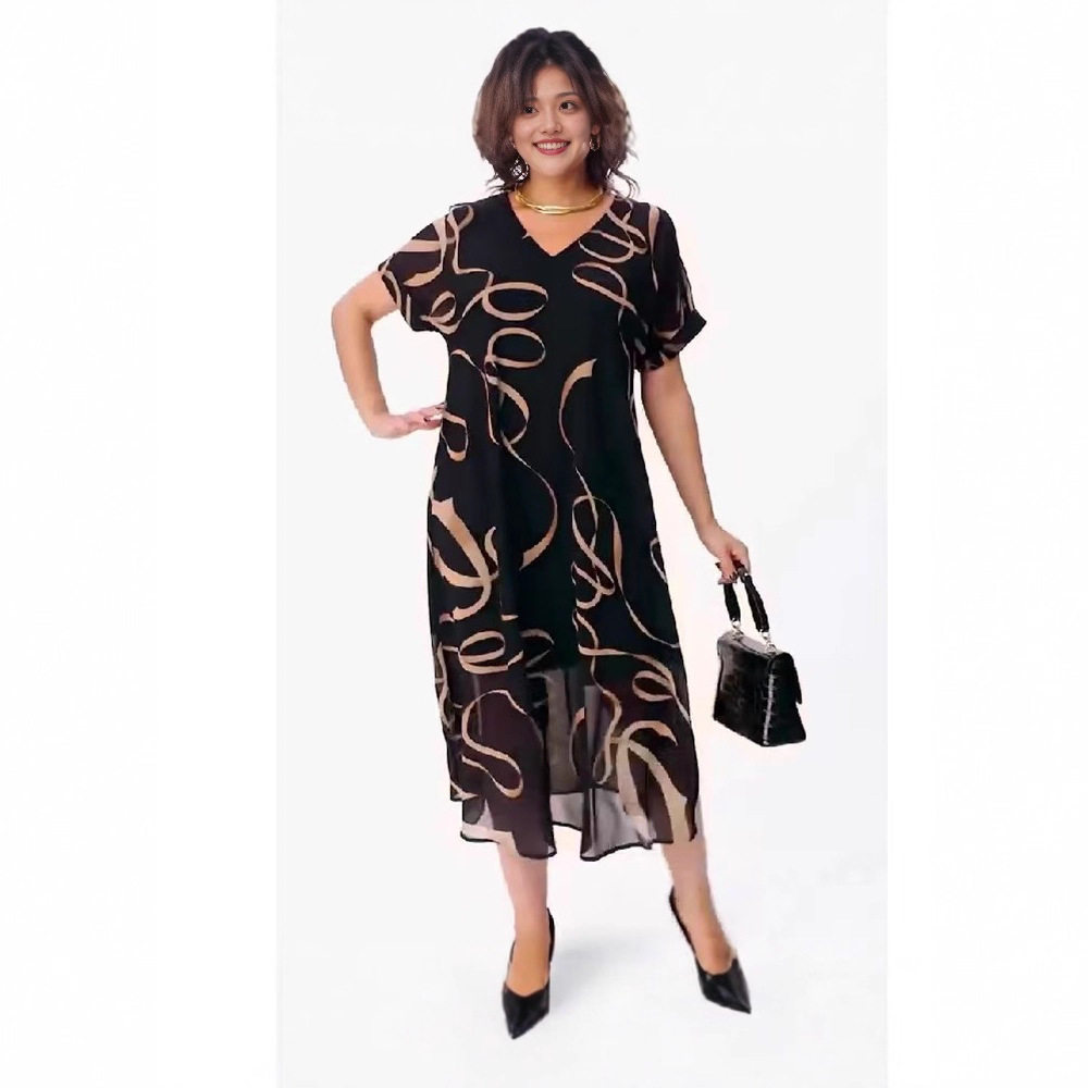 2025欧美时尚新款跨境优雅印花V领连衣裙大码女装气质通勤中长裙