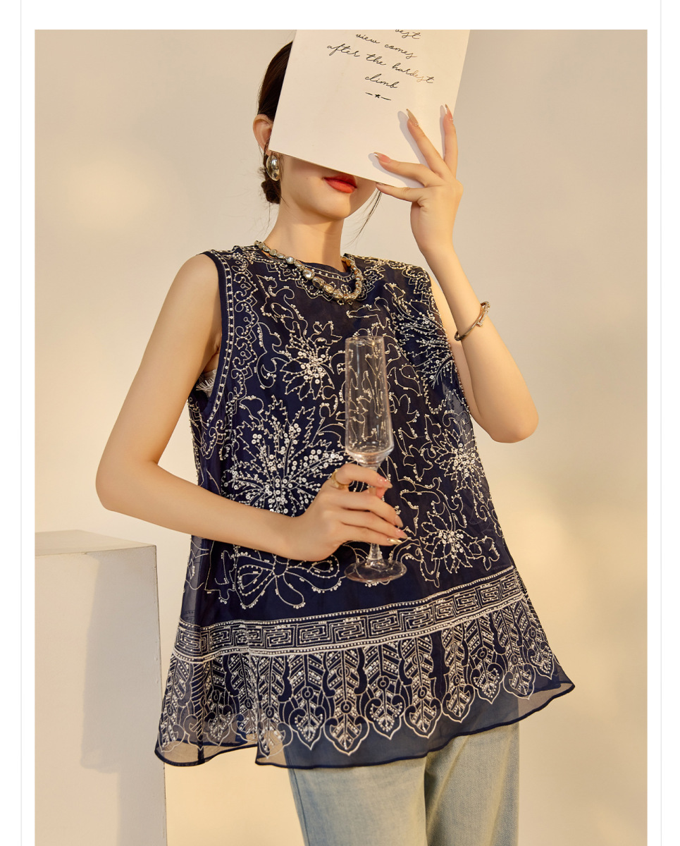 Áo vest gile nữ không tay cổ tròn đính hạt sang trọng — Màu xanh lam