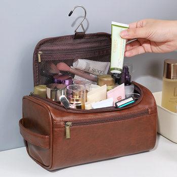 Large Capacity Men's Toiletry Bag Portable PU Waterproof Cosmetic Bag Multifunctional Travel Hook Storage Bag