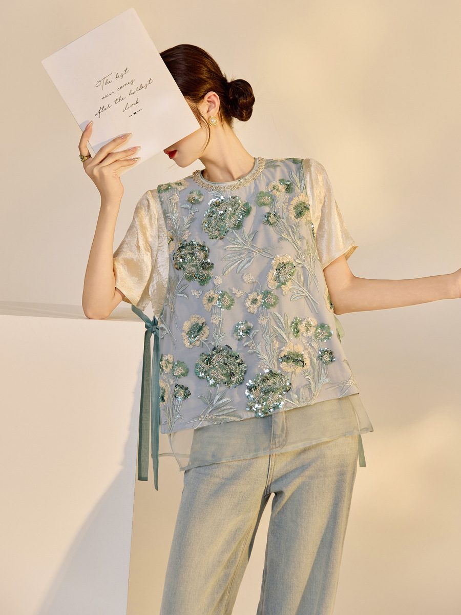 Áo vest nữ thêu cườm đính đá cổ tròn phối hoa văn — Jiyue Blue (giao hàng trong 7 ngày), Jiyue Blue (phát hành cùng ngày)