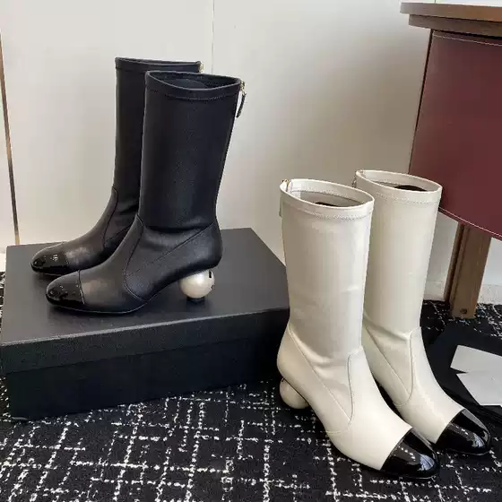 2025 New Autumn and Winter Style Small Fragrant Style Large Pearl Ball Heel Boots for Women, Fashionable and Sexy Mid-Calf Elastic Boots, Slim Boots