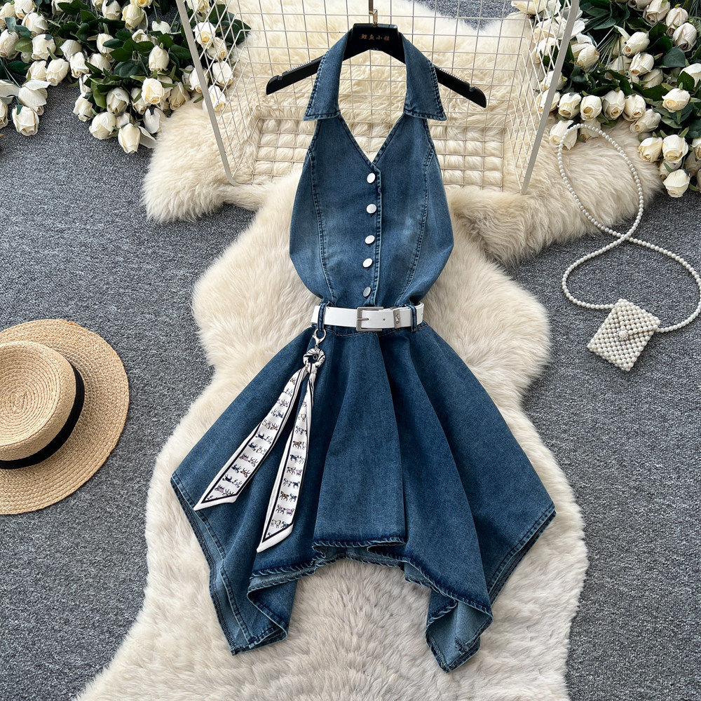 French Vacation Style Sleeveless Halter Dress Slim Fit Ruffled Layers Lightweight Fabric Summer Casual Wear