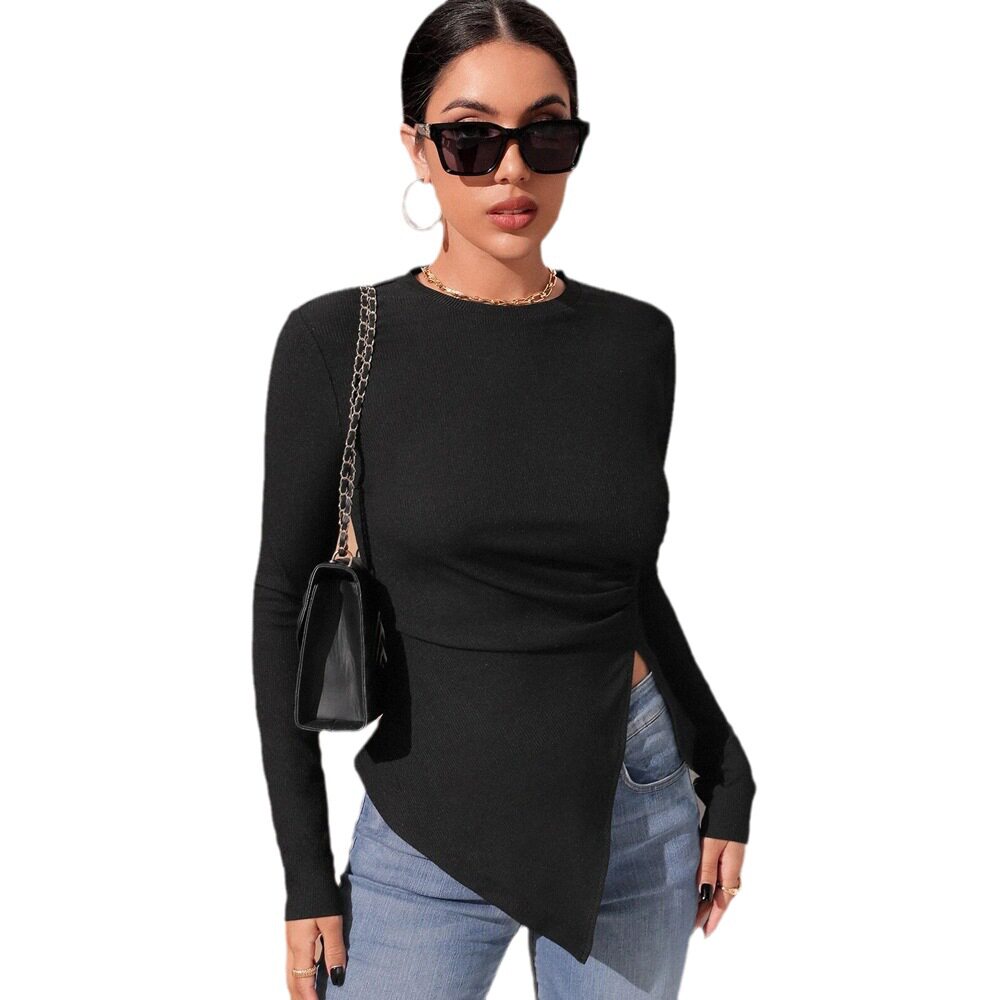 Womens Long Sleeve Irregular T Shirt Slim Fit Round Neck Fashionable Elegant Autumn Winter Collection Wholesale