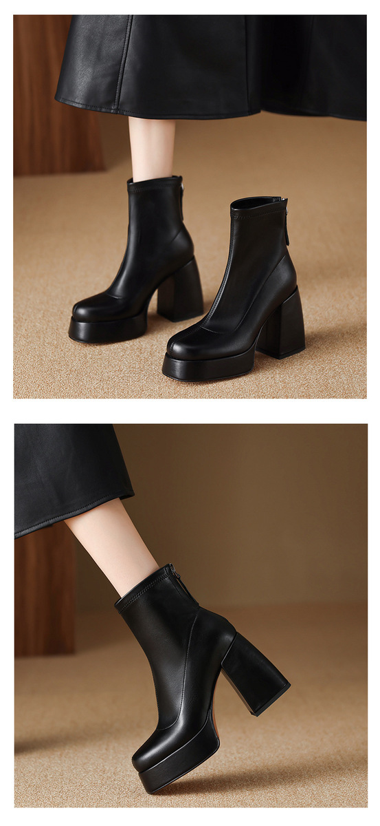 Boot nữ cổ thấp gót thô đế dày 10cm phong cách cá tính — Mặt da màu đen lót nhung, Mặt da màu đen một lớp bên trong, Màu đen da lộn một lớp bên trong, Màu đen mặt nhung lót trong