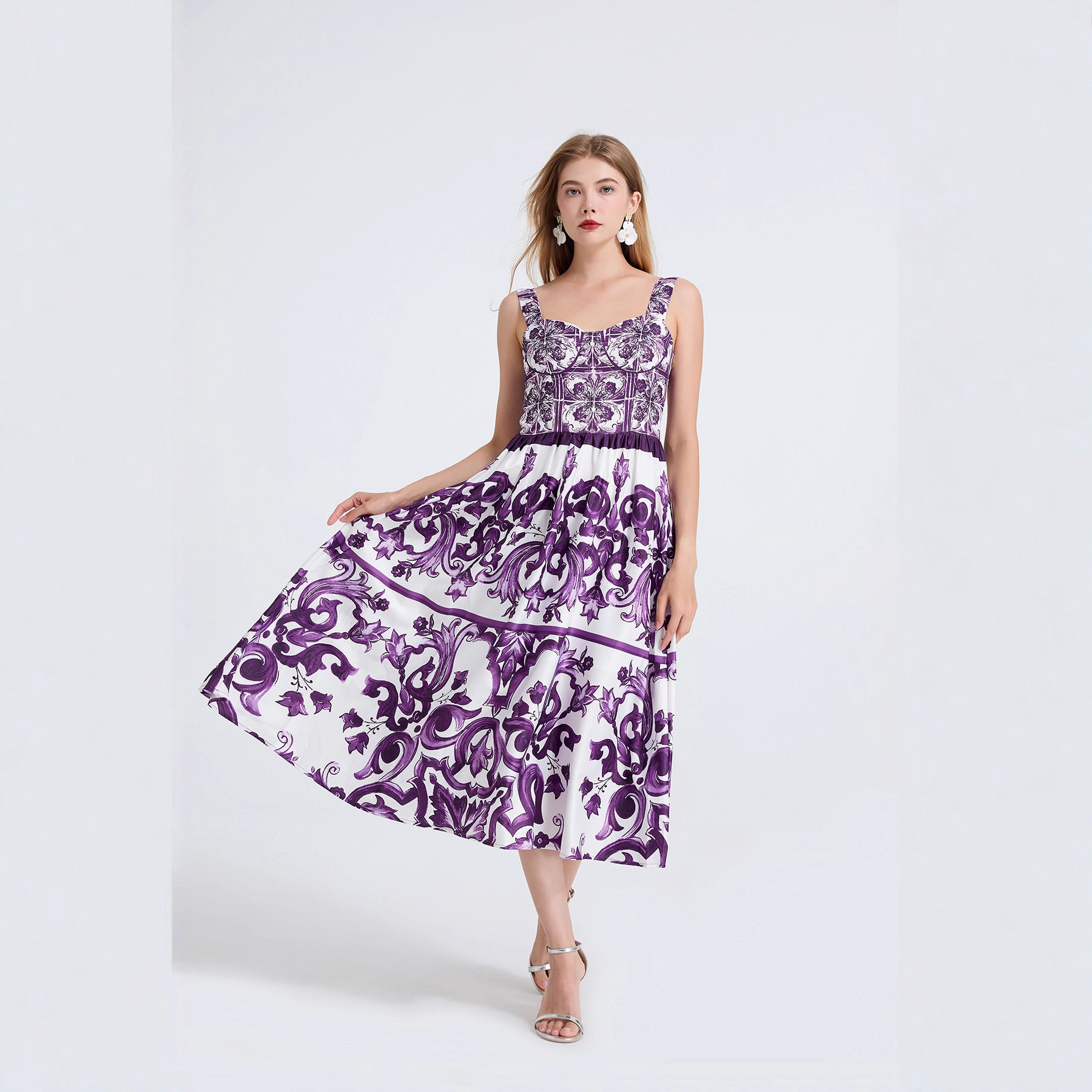 Fashionable Floral Print Maxi Dress for Women High End Slimming Waist Cinching Flared Skirt Perfect for Birthdays