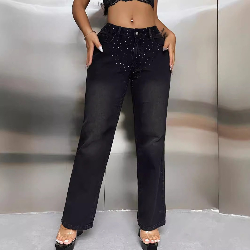 High Waisted Fashion Denim Straight Leg Pants Rhinestone Embellished Casual Style Womens Apparel Wholesale Available