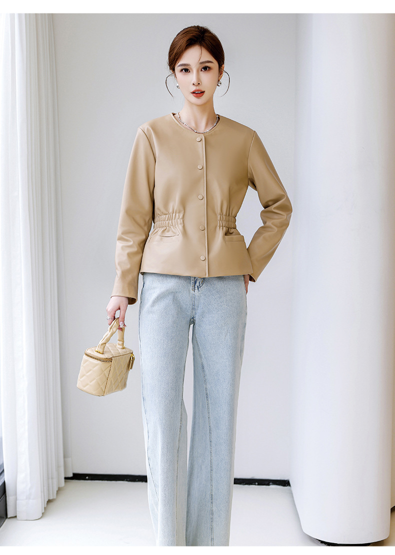 Áo khoác da cừu nữ cổ tròn dáng ngắn thắt eo — Màu đen, Màu Kaki