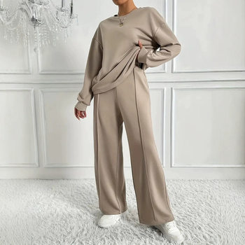 European and American Cross-Border Ins Style Hot-Selling New Pure Color Round Neck Long-Sleeved Pants Suit Women's Elegant Two-Piece Set Ready for Sale