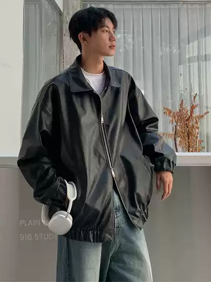 American retro PU leather jacket men's plus size fashion brand street loose lapel casual motorcycle leather jacket spring and autumn