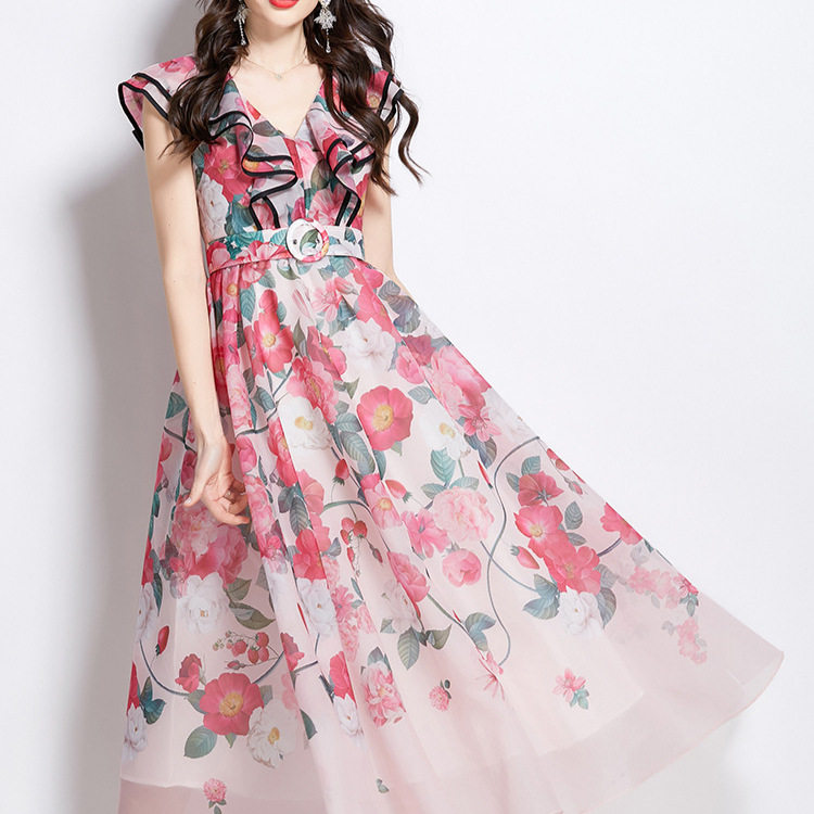 Elegant Summer Dress for Women Ruffled Hem V Neck Waist Defining Floral Print Flowy Maxi Perfect for Parties and