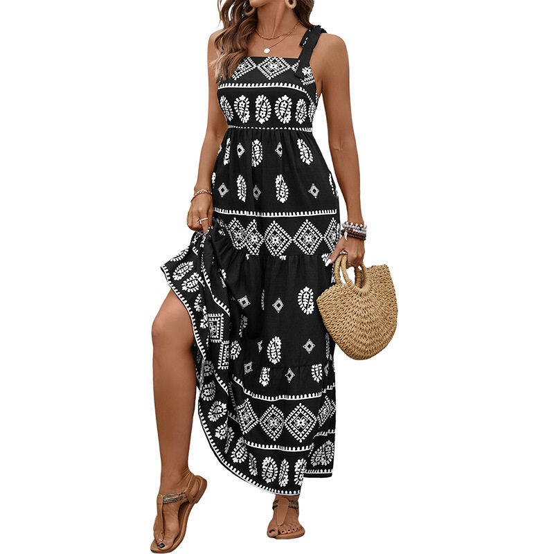 Casual Beach Vacation Maxi Dress Slim Fit Bohemian Print Spaghetti Straps Summer Wear Wholesale Available
