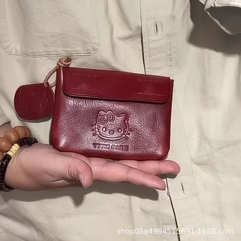 HelloKitty Handmade Red Leather Coin Purse Cute Mini KT Portable Headphone Card Bag