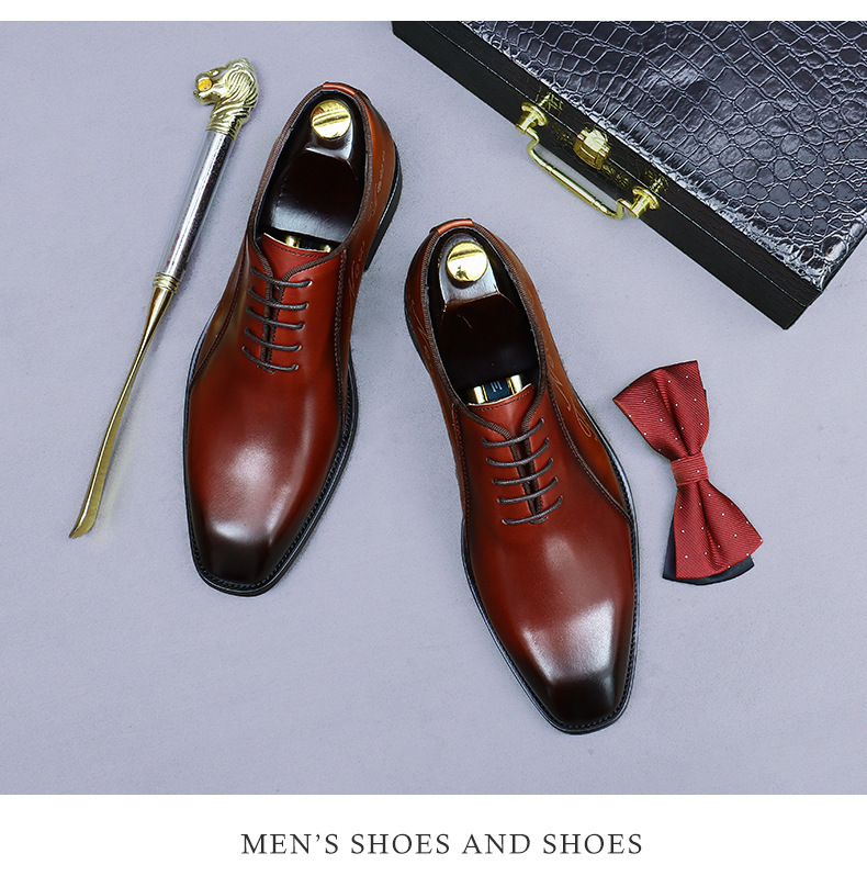 Giày Oxford nam da bò thật mũi vuông buộc dây phong cách công sở — Màu nâu đỏ, Màu đỏ xanh lam