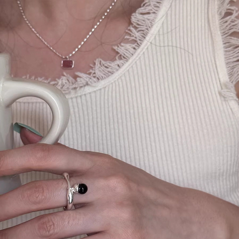 Myska S925 Sterling Silver Black Pine Nut Ring for Women, Stylish and Simple Fashion Trendy Open-Ended Ins-Style Ring