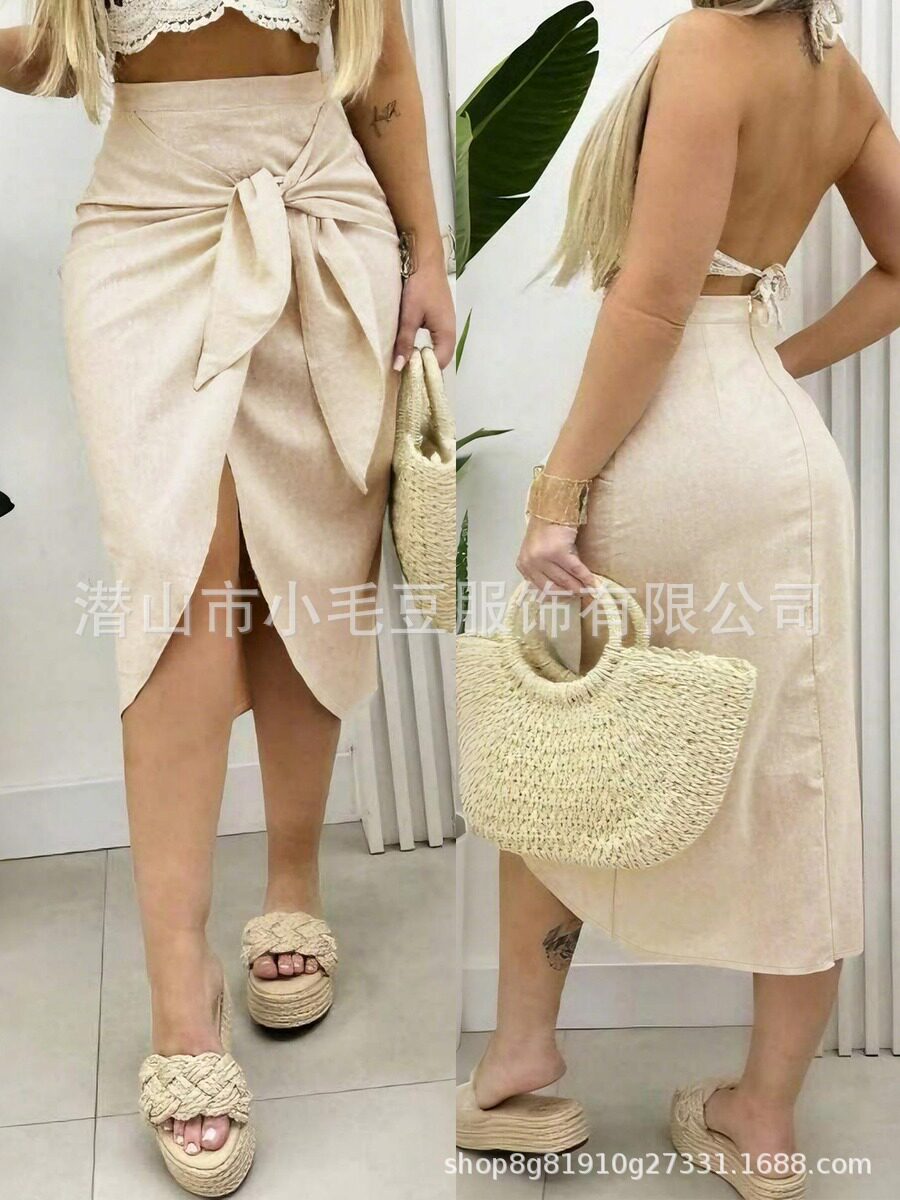 High Waisted Irregular Wrap Midi Skirt Solid Color Tie Detail Split Design Casual Vacation Wear Wholesale Available