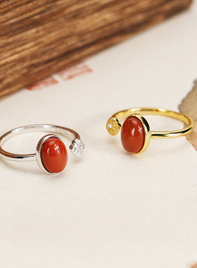 祥云南红玛瑙戒指女S925纯银新中式复古国潮小众气质开口指环