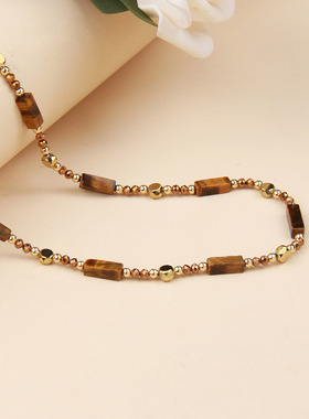 复古气质叠戴虎眼石款吊坠项链女春夏轻奢双层锁骨链高级感毛衣链