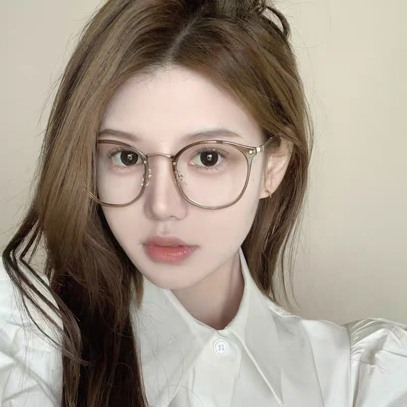Cold Tea-Colored Prescription Glasses for Women, Available in Ultra-Light, Natural Look, Suitable for Round Faces, Trendy Korean-Style Frames