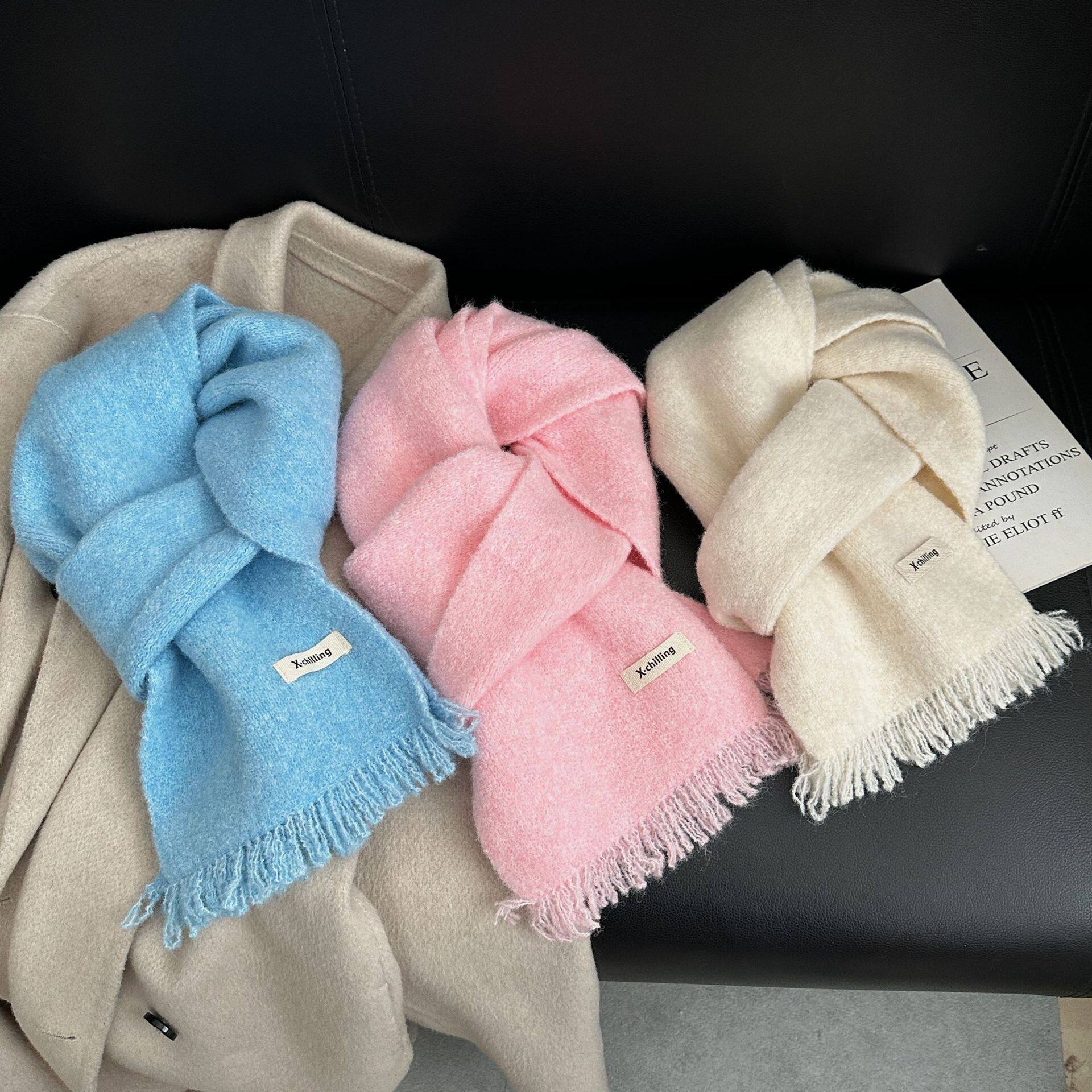Korean Style High-End Thickeneded Warm Knitted Scarf for Women 2025 Autumn and Winter Containing Wool Soft Waxy Scarf for Students Versatile