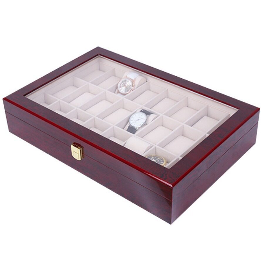 Guangdong Factory 24-Slot Red Lacquered Wooden Watch Box with Multiple Window Openings for Storage and Display, Gift Box, Watch Case, Export Special