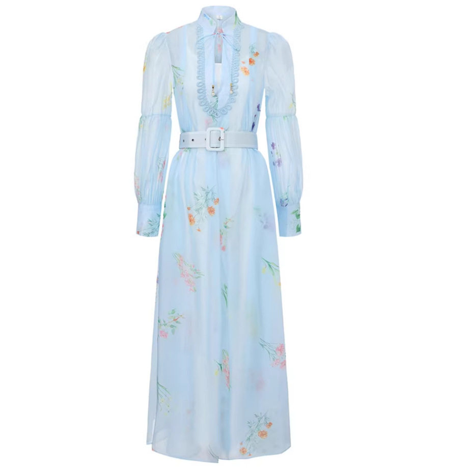 Chiffon Floral Dress Lightweight Sweet Lace Lantern Sleeves Waist Tie Flared Skirt Autumn Fashion Wholesale