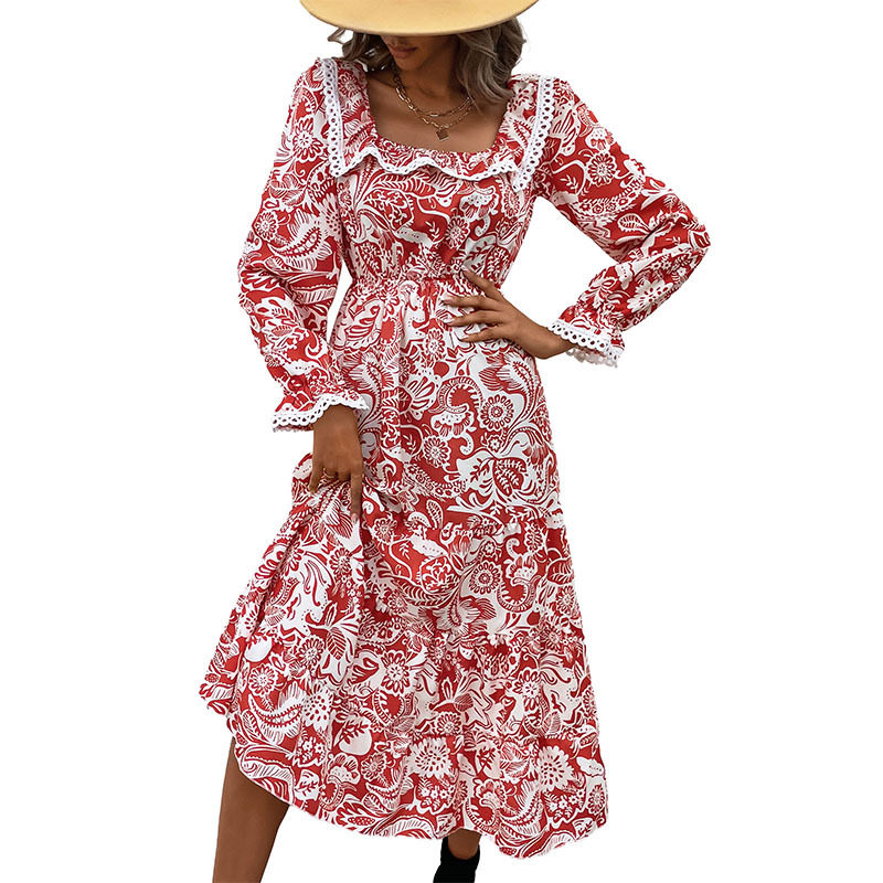 Red Floral Long Sleeve Dress Elegant Design Perfect for Valentines Day Spring and Autumn Wear Wholesale Available