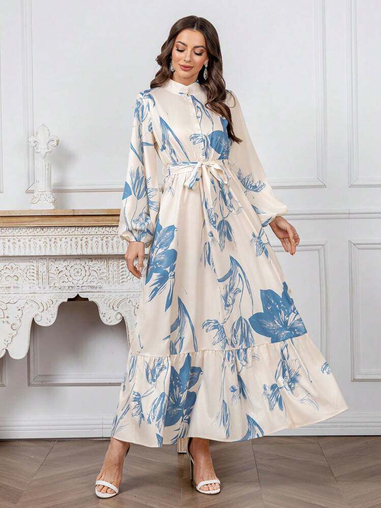 Modelyn Womens Floral Print Stand Collar Lantern Sleeve Ruf