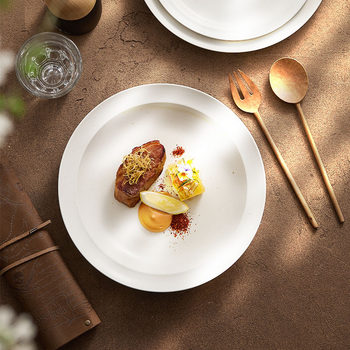Western-Style Dinner Plate with Rim, Japanese-Style Tableware, Ceramic Flat Plate, Household Dish Plate, Deep and Shallow Plate, Beef and Mutton Chop Plate, Simple Commercial Classy