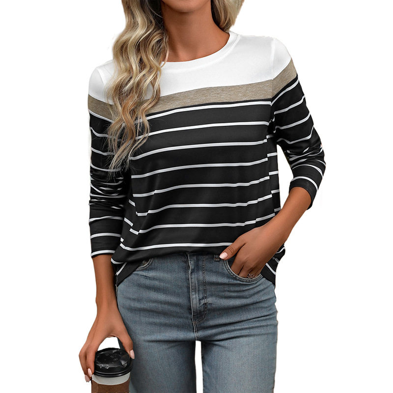 Womens Striped Long Sleeve T Shirt Color Block Design Casual Fit Autumn Wear Wholesale Available
