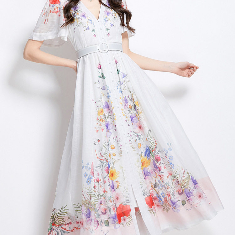 French Style Womens Dress Elegant Deep V Neck Single Breasted Flutter Sleeves Waist Cinching Floral Print