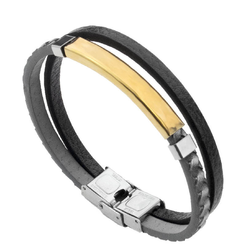 European and American Cross-border PU Leather Woven Distinctive Men's Engraving Bracelet Fashion All-match Titanium Steel Bend Brand Men's Hip-hop Bracelet