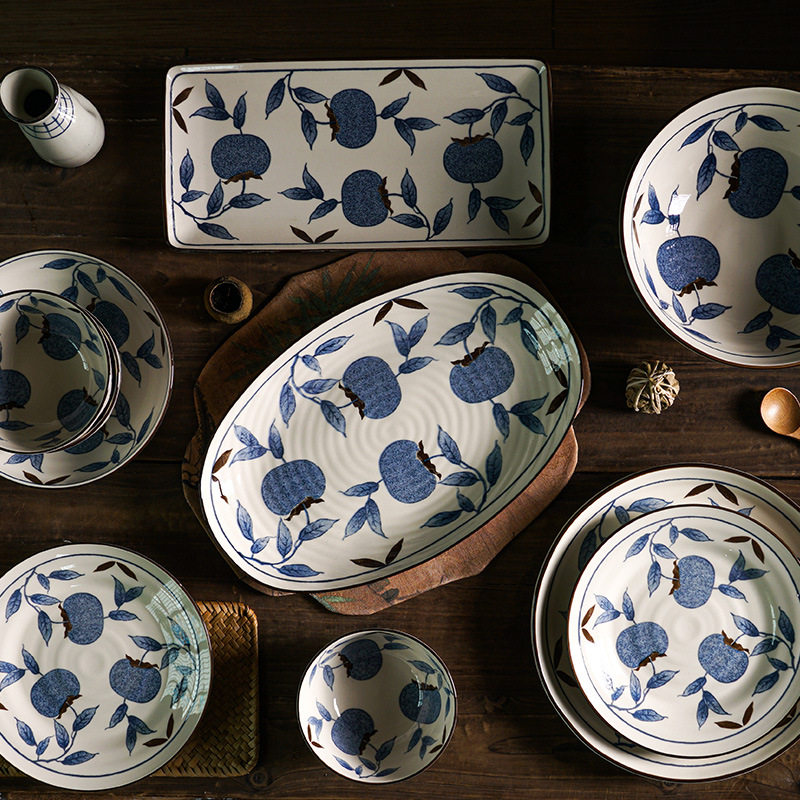 Japanese Retro Ceramic Plate Household Deep Plate Fruit Plate Breakfast Plate Blue Persimmon Persimmon Ruyi Plate Rice Bowl Tableware