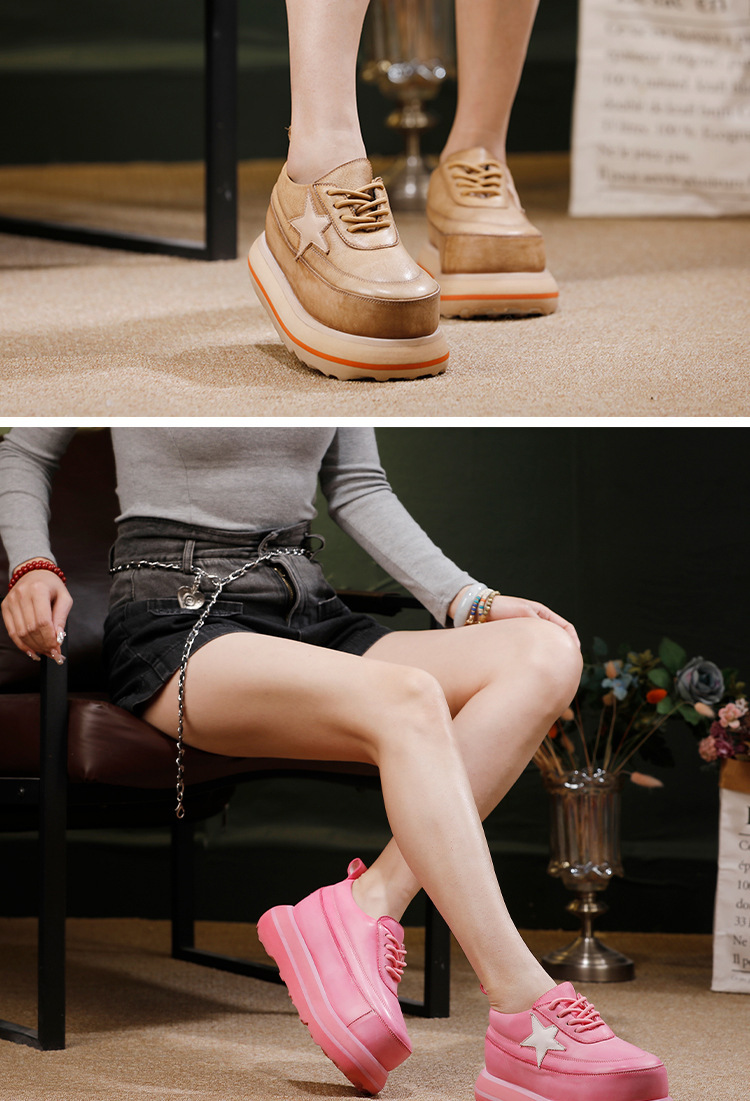 Giày sneaker nữ đế dày cổ thấp mũi tròn dây buộc — Màu hồng, Màu kaki