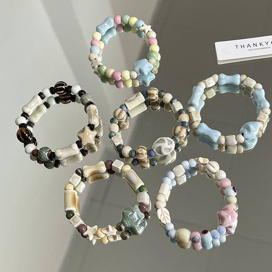 Jingdezhen Ceramic Bracelet New Color-free Women's Summer All-match Student's Antique Beaded Bracelet Small Fresh and Popular
