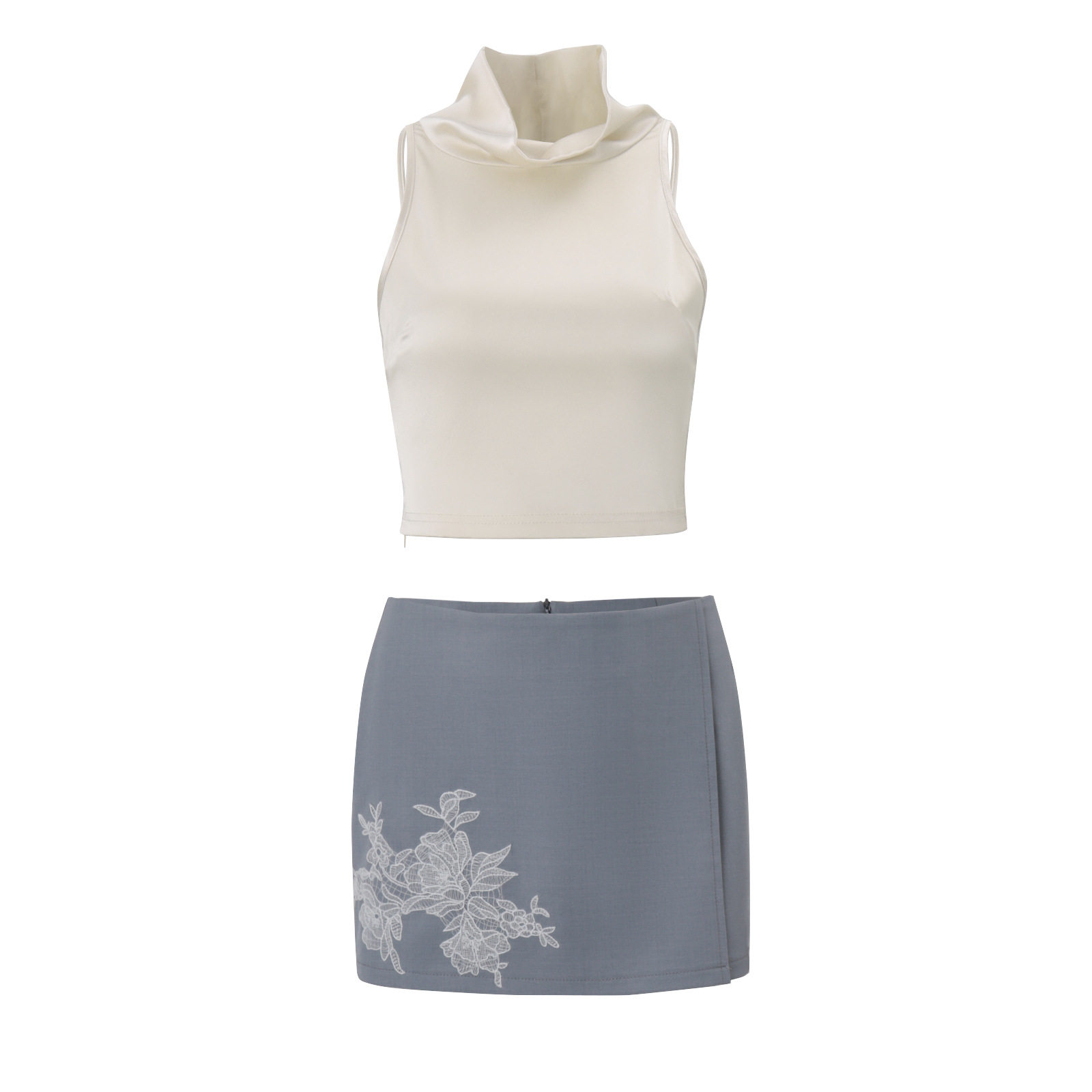 Womens Summer Set Slim Fit High Neck Cropped Satin Top with Embroidery Bodycon Skirt Wholesale Available