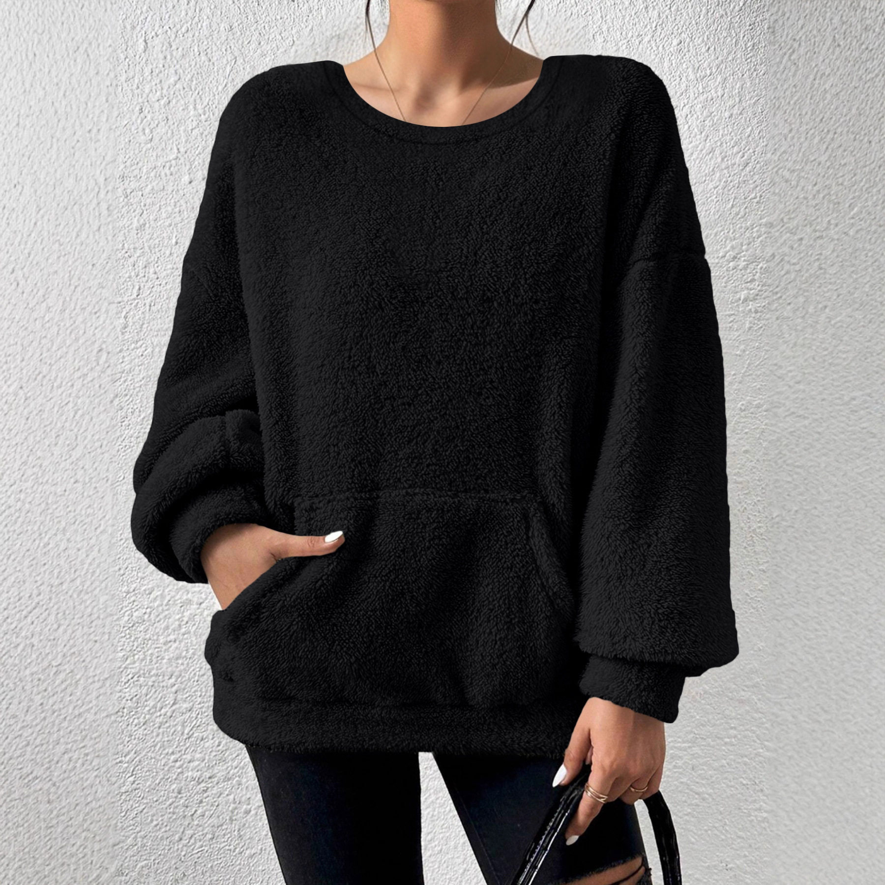 Casual Sweatshirt Solid Color Round Neck Long Sleeve Pocket Design Autumn Winter Fashion Wholesale Available