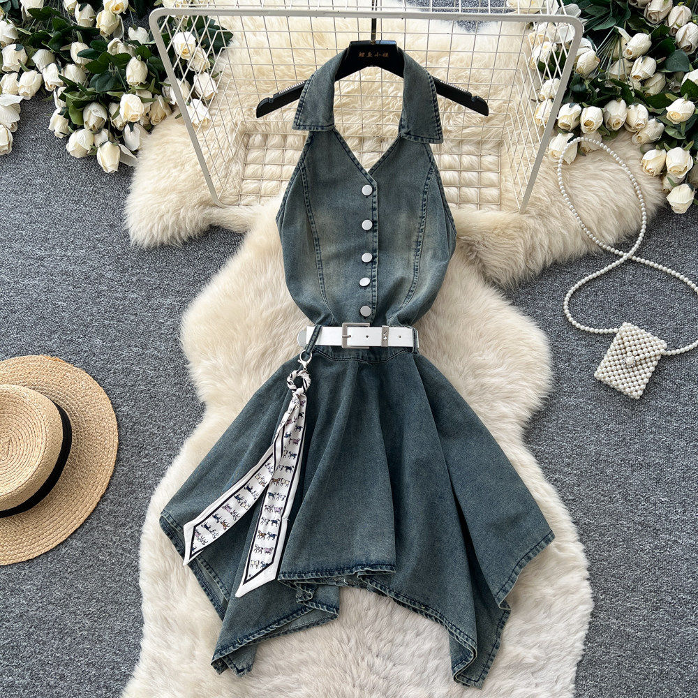French Vacation Style Sleeveless Halter Dress Slim Fit Ruffled Layers Lightweight Fabric Summer Casual Wear