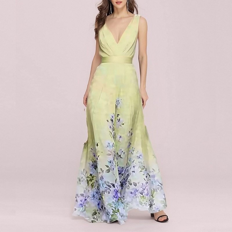 Elegant Floral V Neck Maxi Dress Summer Collection Waist Defined Comfortable Fabric Perfect for Casual or Formal