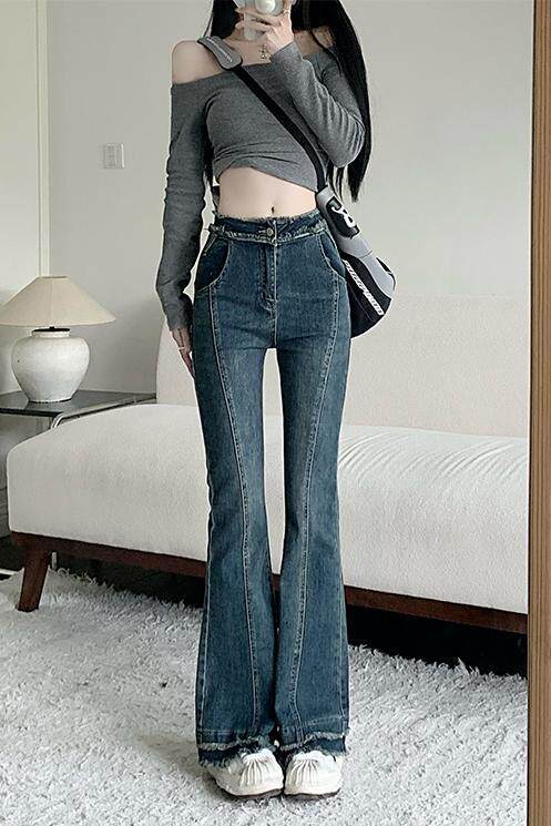 High Waisted Flared Jeans for Women Vintage Style Frayed Hem Slim Fit Spring Collection Wholesale Available
