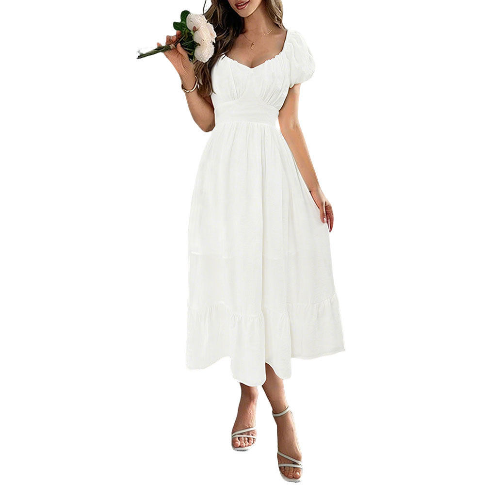 French Vintage Puff Sleeve A Line Midi Dress Waist Defining Flattering Fit Elegant Style Wholesale Available