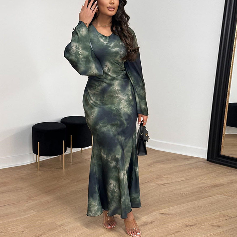Elegant Flared Sleeve Dress Round Neck Ruffled Hem Floral Print Casual Chic for Women Wholesale Available